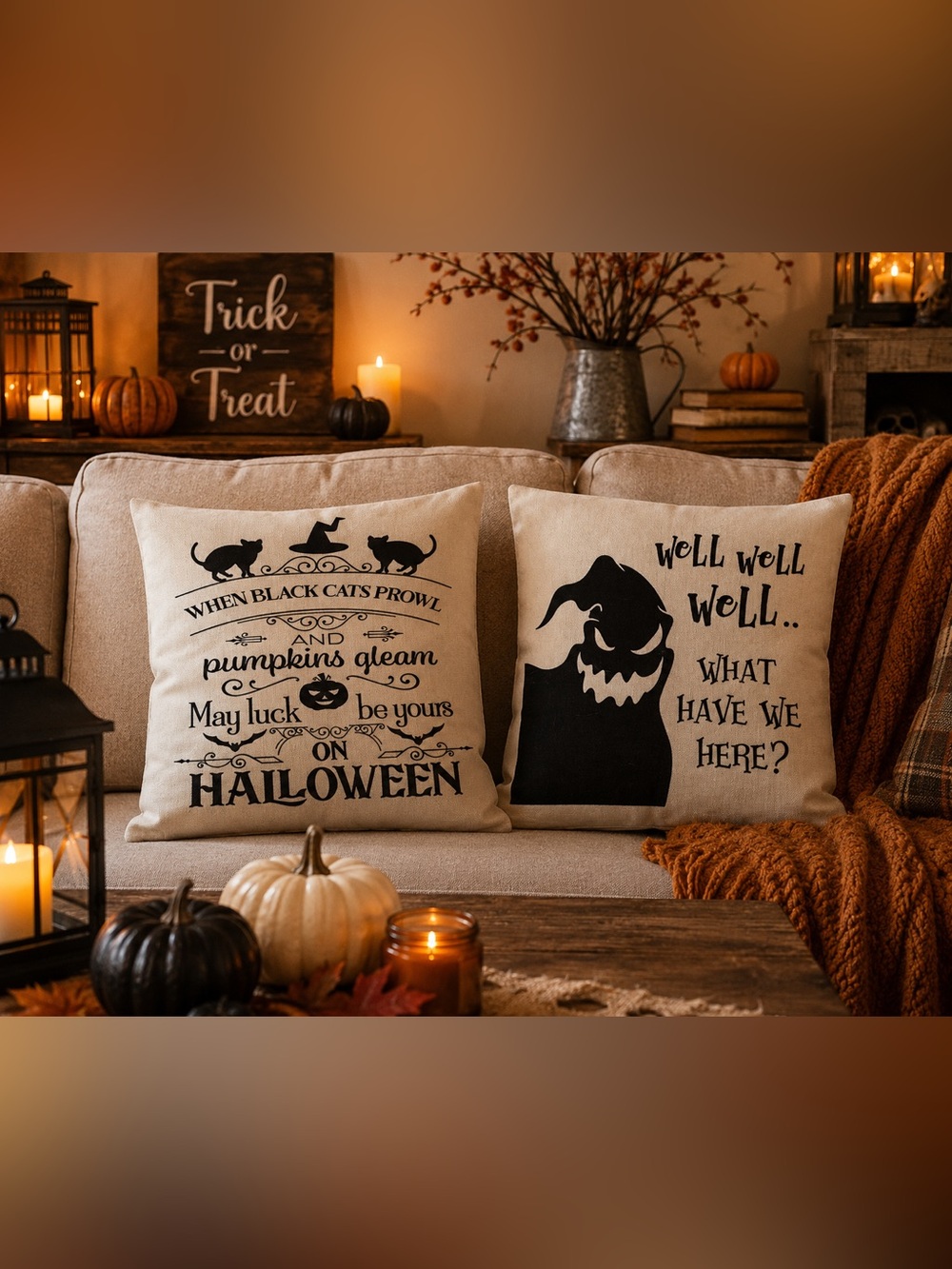 2 pack 18x18 inch Halloween throw pillow COVERS (only). Rustic canvas style